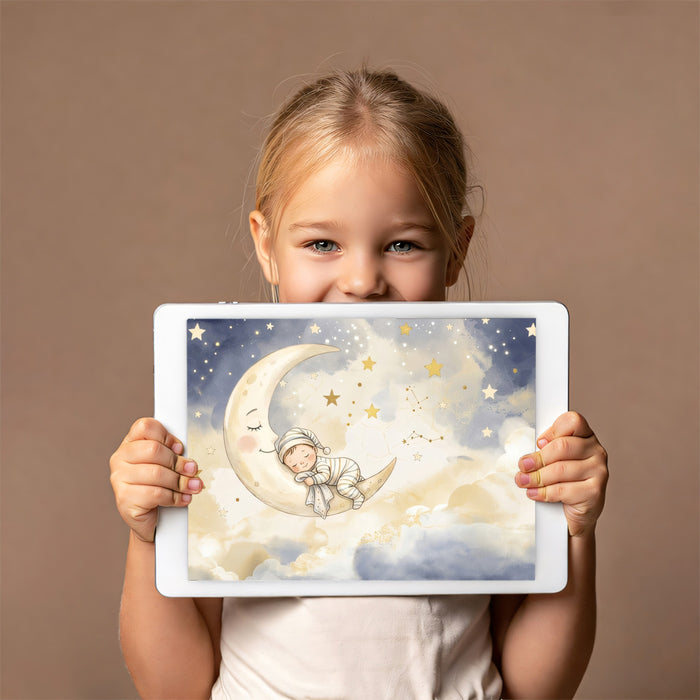 Sleeping Baby on Crescent Moon Watercolor Mural Wallpaper | Starry Night Nursery Theme