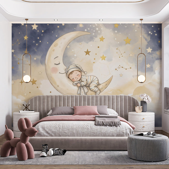 Sleeping Baby on Crescent Moon Watercolor Mural Wallpaper | Starry Night Nursery Theme