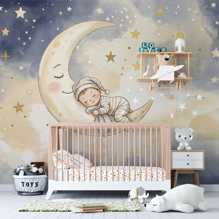 Sleeping Baby on Crescent Moon Watercolor Mural Wallpaper | Starry Night Nursery Theme