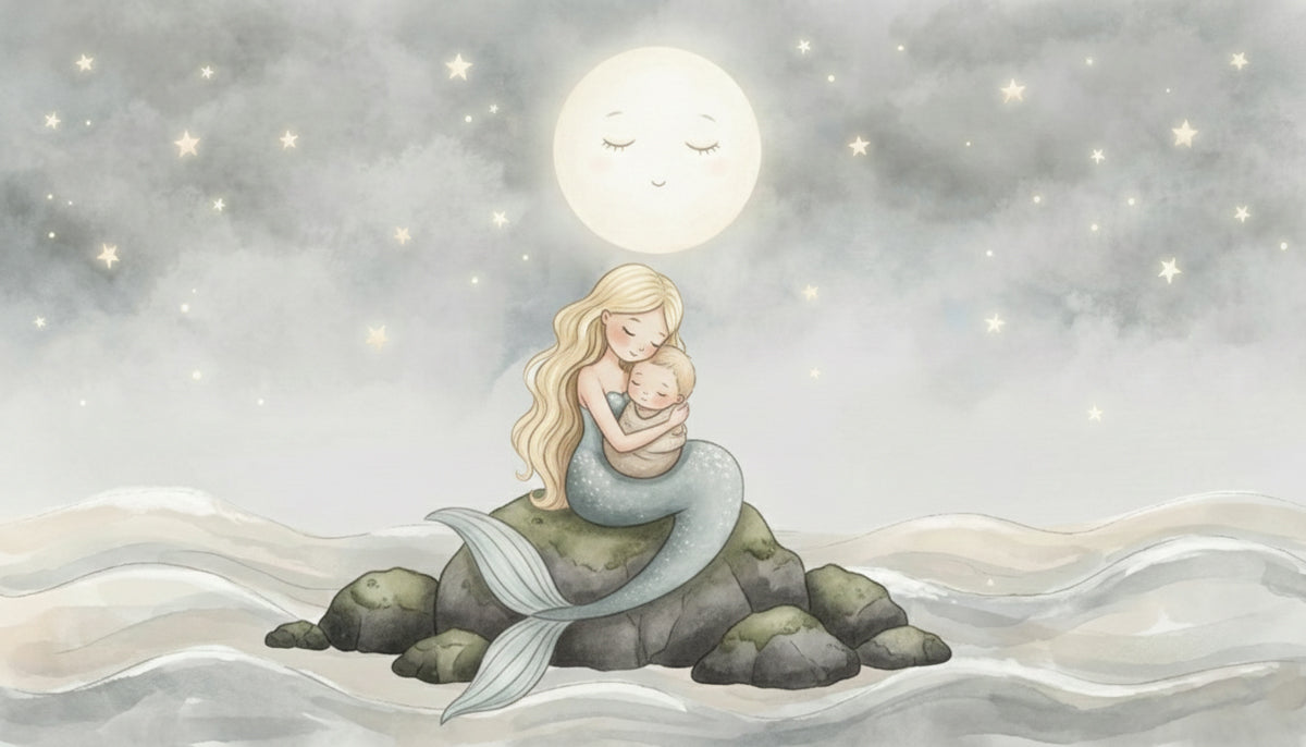Mermaid Mother and Baby on Rock Mural Wallpaper | Gentle Ocean Nursery Art