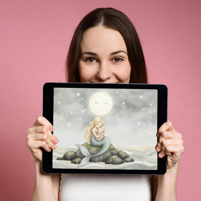 Mermaid Mother and Baby on Rock Mural Wallpaper | Gentle Ocean Nursery Art