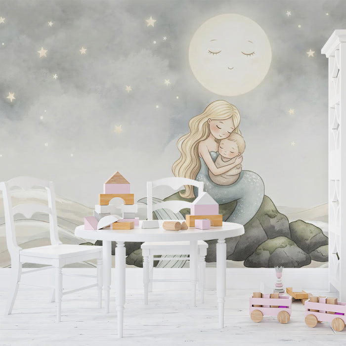 Mermaid Mother and Baby on Rock Mural Wallpaper | Gentle Ocean Nursery Art