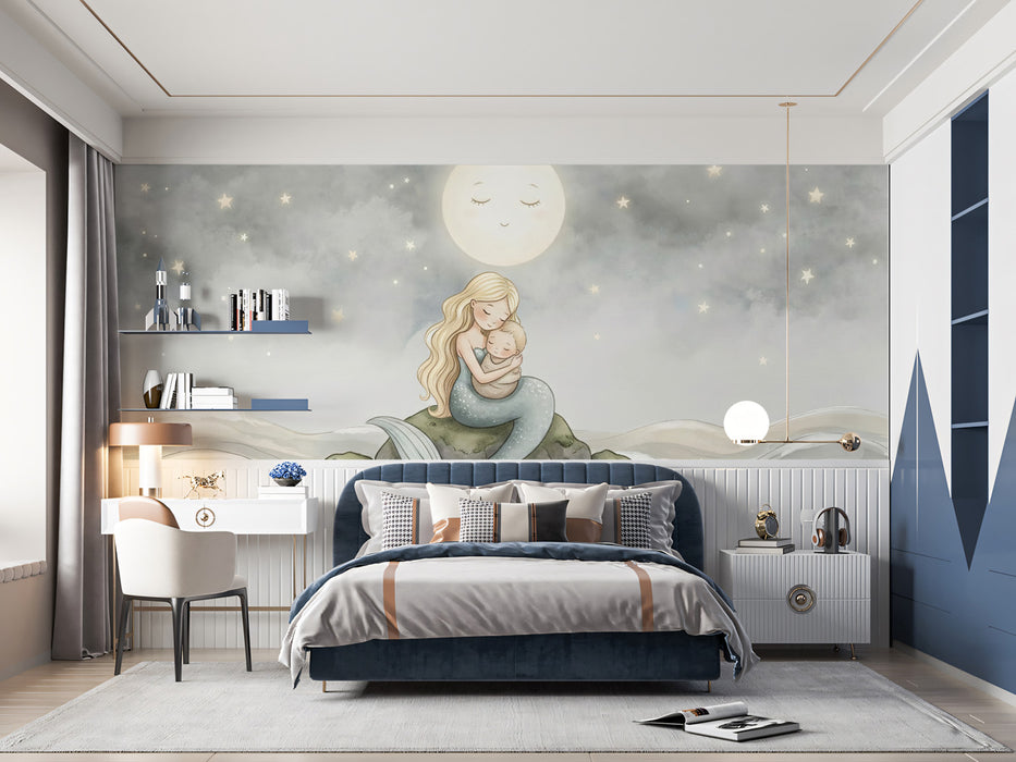 Mermaid Mother and Baby on Rock Mural Wallpaper | Gentle Ocean Nursery Art