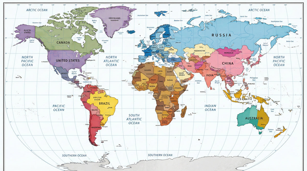 Colorful Political World Map Mural Wallpaper | Educational Geography Art