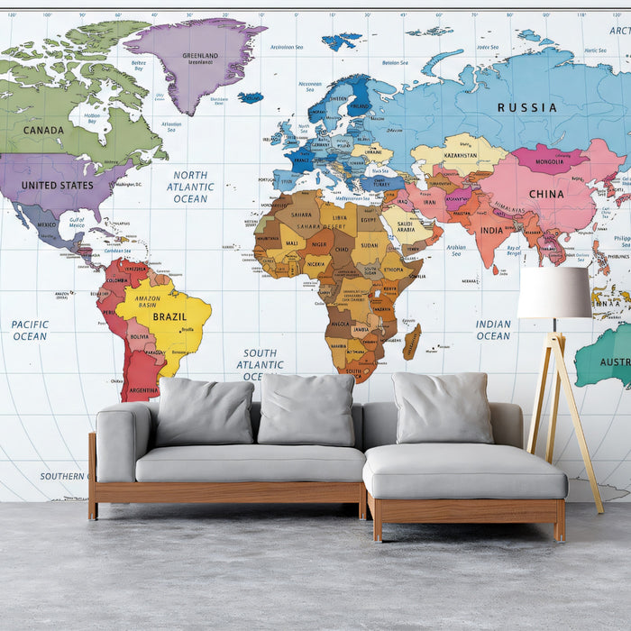 Colorful Political World Map Mural Wallpaper | Educational Geography Art
