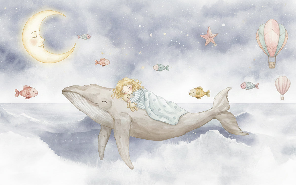 Sleeping Girl on Whale Watercolor Mural Wallpaper | Dreamy Sky Ocean Nursery Art