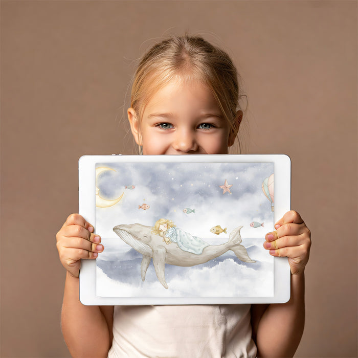Sleeping Girl on Whale Watercolor Mural Wallpaper | Dreamy Sky Ocean Nursery Art