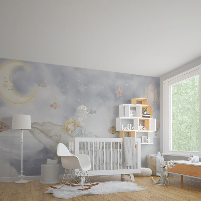 Sleeping Girl on Whale Watercolor Mural Wallpaper | Dreamy Sky Ocean Nursery Art
