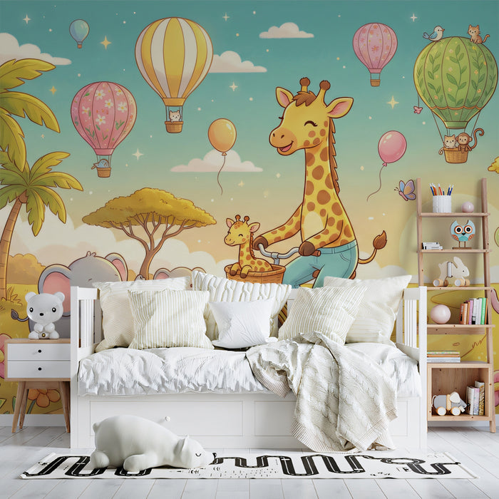 Cute Animals Hot Air Balloons Cartoon Mural Wallpaper | Bright Joyful Nursery Art