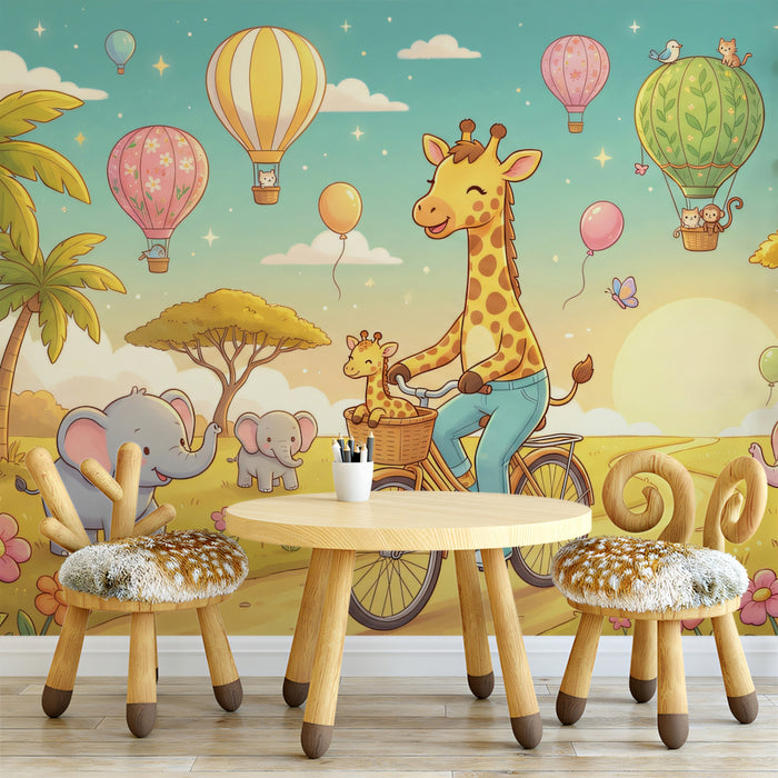 Cute Animals Hot Air Balloons Cartoon Mural Wallpaper | Bright Joyful Nursery Art