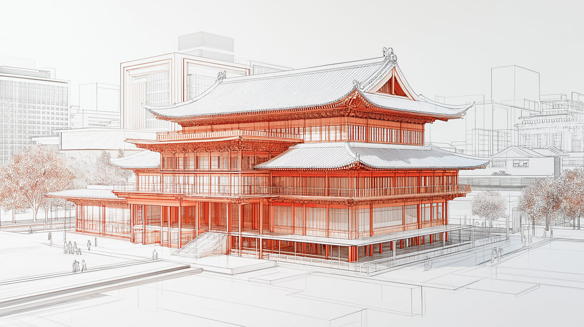 Technical Drawing Chinese Architecture Mural Wallpaper | Red Line Art Building Sketch