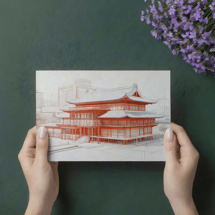 Technical Drawing Chinese Architecture Mural Wallpaper | Red Line Art Building Sketch