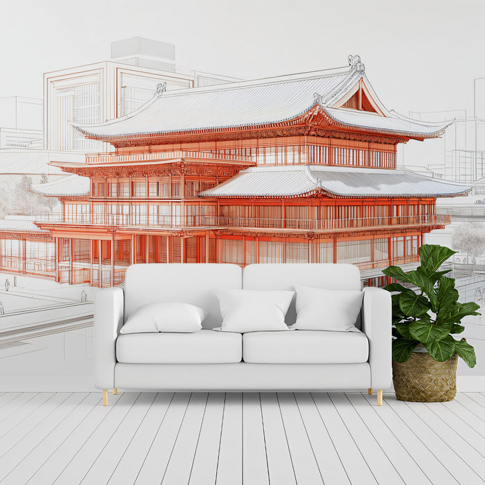 Technical Drawing Chinese Architecture Mural Wallpaper | Red Line Art Building Sketch