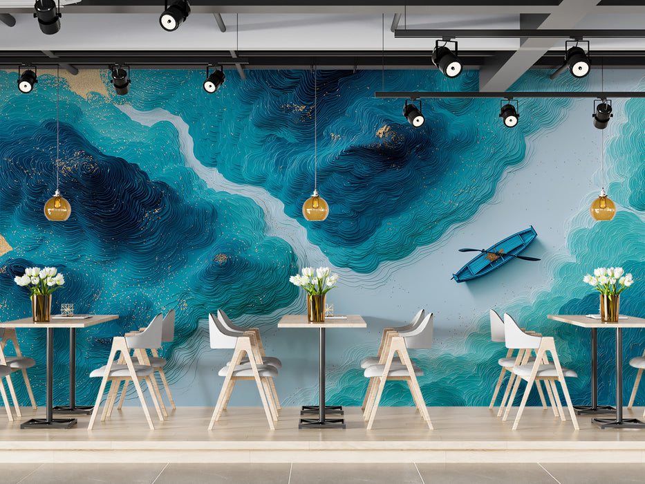 3D Paper Cut Style Blue Ocean Boat Mural Wallpaper | Topographic Sea Art