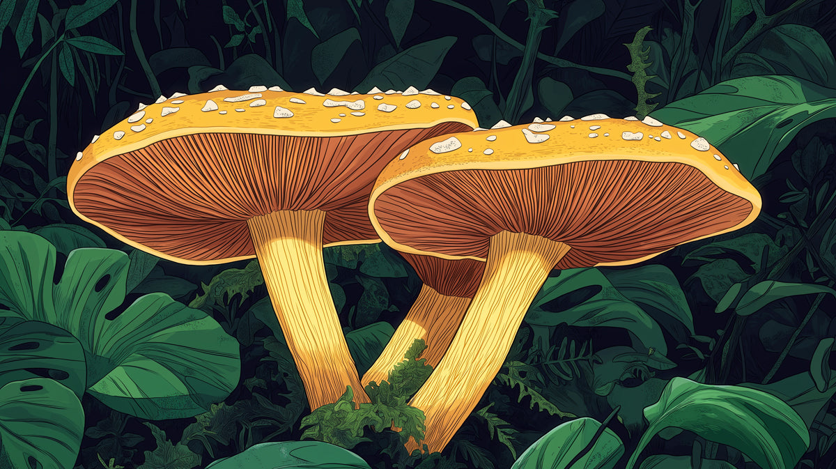 Giant Orange Mushrooms in Dark Forest Mural Wallpaper | Fantasy Botanical Art