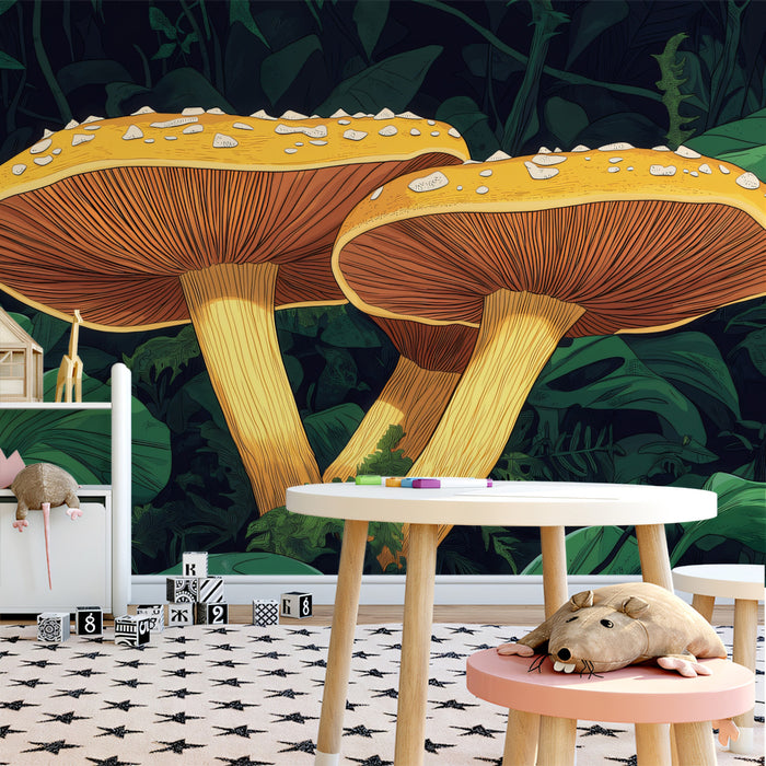 Giant Orange Mushrooms in Dark Forest Mural Wallpaper | Fantasy Botanical Art
