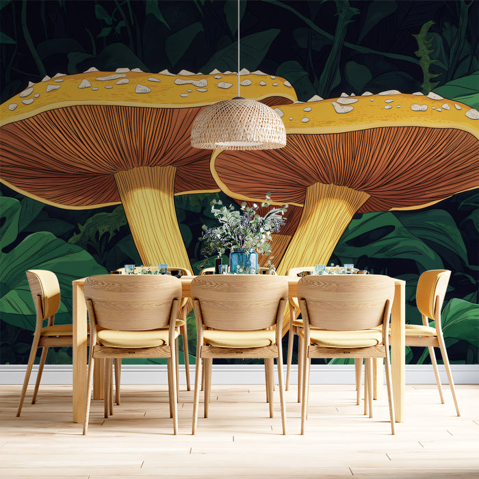 Giant Orange Mushrooms in Dark Forest Mural Wallpaper | Fantasy Botanical Art