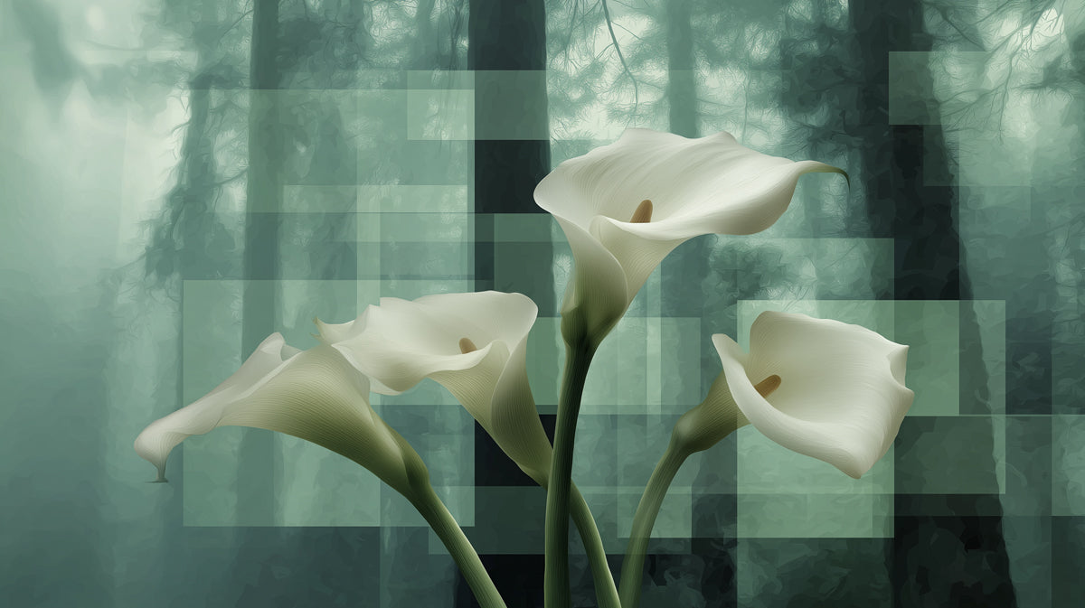 Elegant White Calla Lilies Abstract Green Forest Mural Wallpaper | Contemporary Floral Art