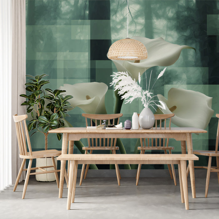 Elegant White Calla Lilies Abstract Green Forest Mural Wallpaper | Contemporary Floral Art