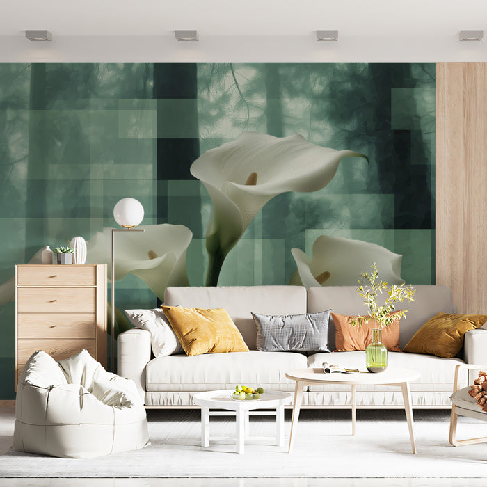 Elegant White Calla Lilies Abstract Green Forest Mural Wallpaper | Contemporary Floral Art