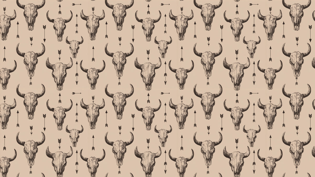 Vintage Cow Skull Pattern Western Mural Wallpaper | Rustic Beige Background