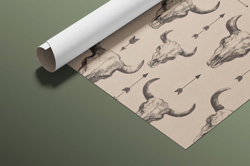 Vintage Cow Skull Pattern Western Mural Wallpaper | Rustic Beige Background