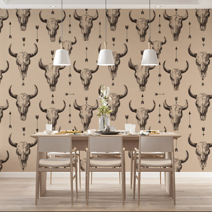 Vintage Cow Skull Pattern Western Mural Wallpaper | Rustic Beige Background