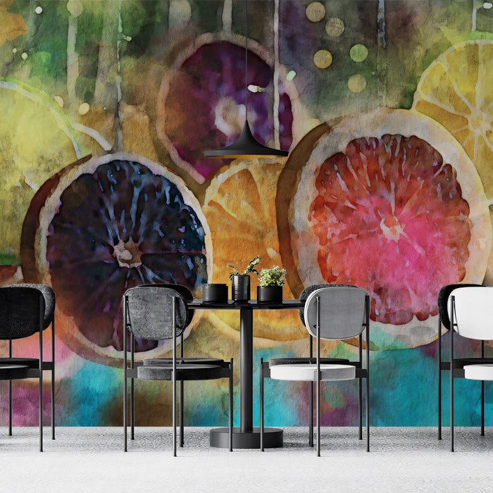 Watercolor Citrus Slices Colorful Mural Wallpaper | Fresh Fruit Art