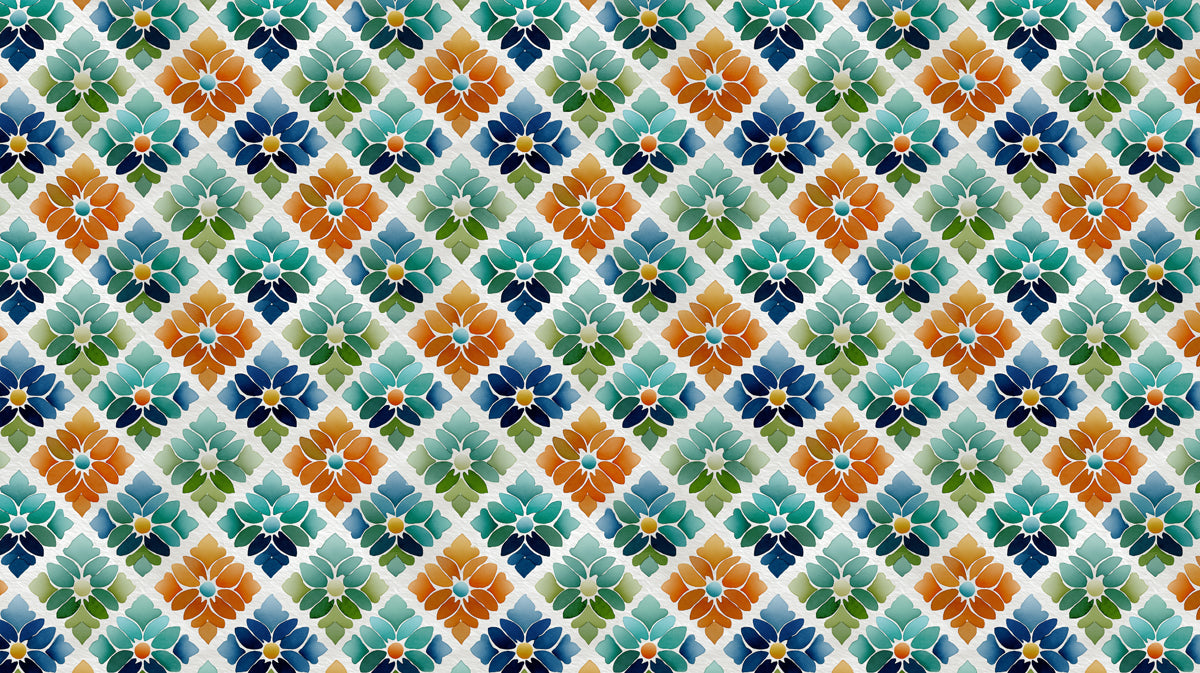Geometric Floral Tile Pattern Mural Wallpaper | Retro Mosaic Art