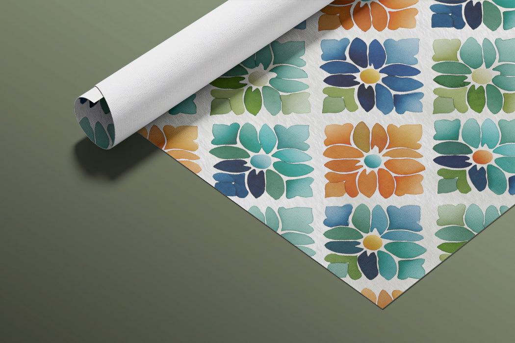 Geometric Floral Tile Pattern Mural Wallpaper | Retro Mosaic Art