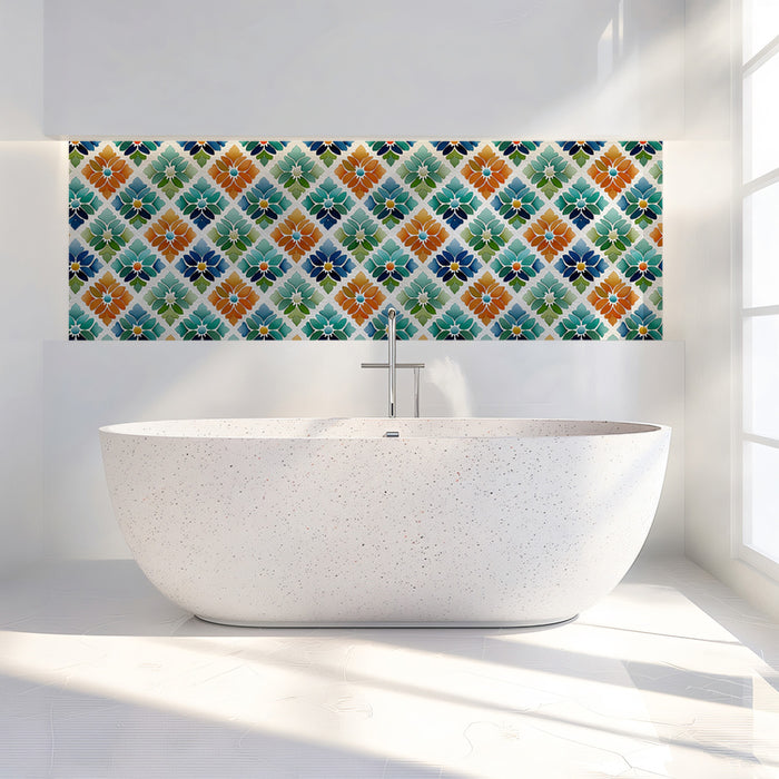 Geometric Floral Tile Pattern Mural Wallpaper | Retro Mosaic Art