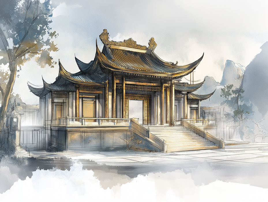 Sketch Style Traditional Chinese Palace Mural Wallpaper | Watercolor and Ink Art