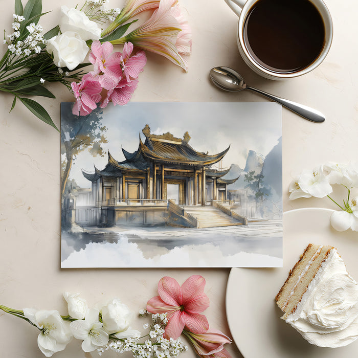 Sketch Style Traditional Chinese Palace Mural Wallpaper | Watercolor and Ink Art