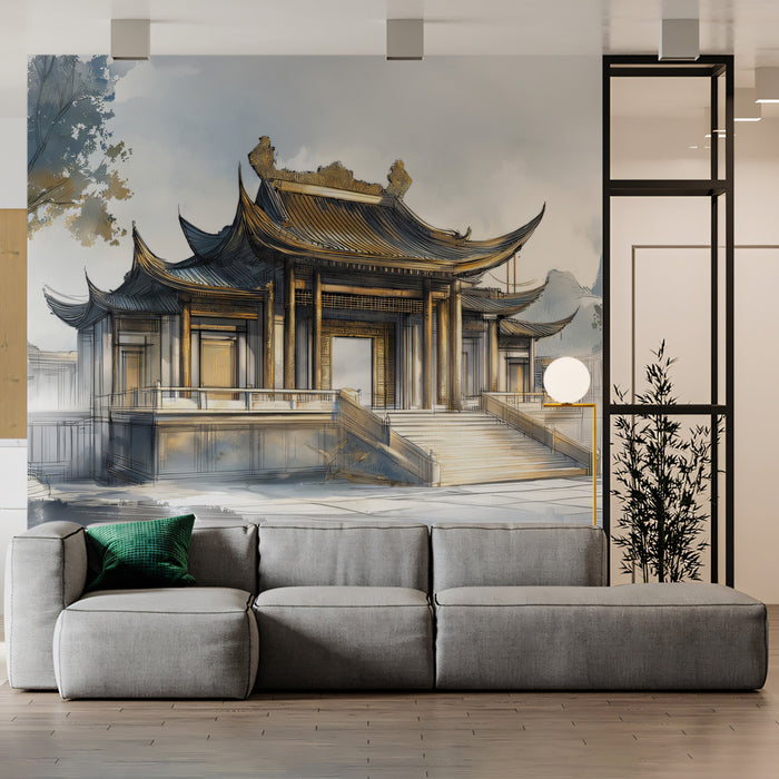 Sketch Style Traditional Chinese Palace Mural Wallpaper | Watercolor and Ink Art