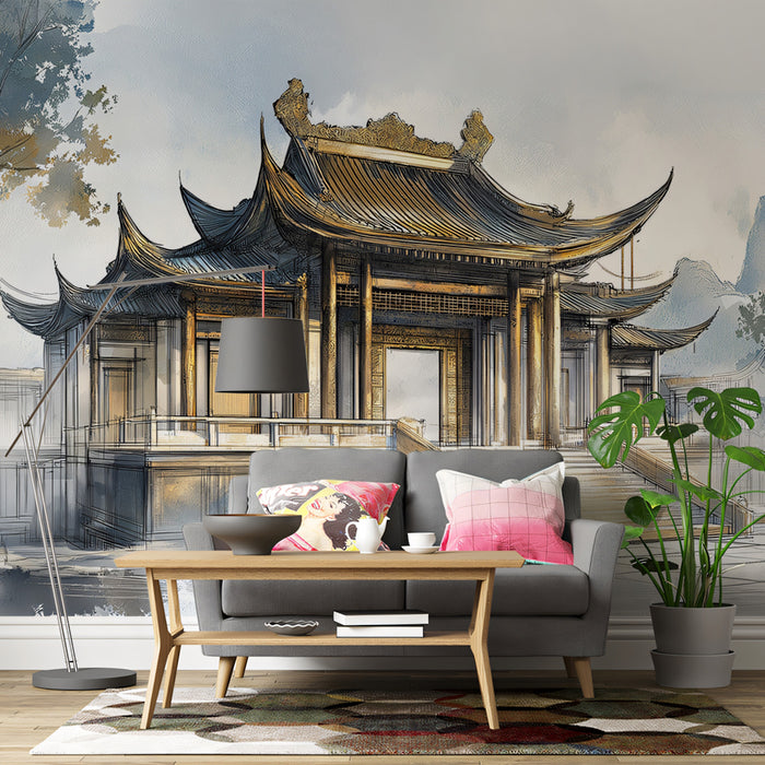 Sketch Style Traditional Chinese Palace Mural Wallpaper | Watercolor and Ink Art