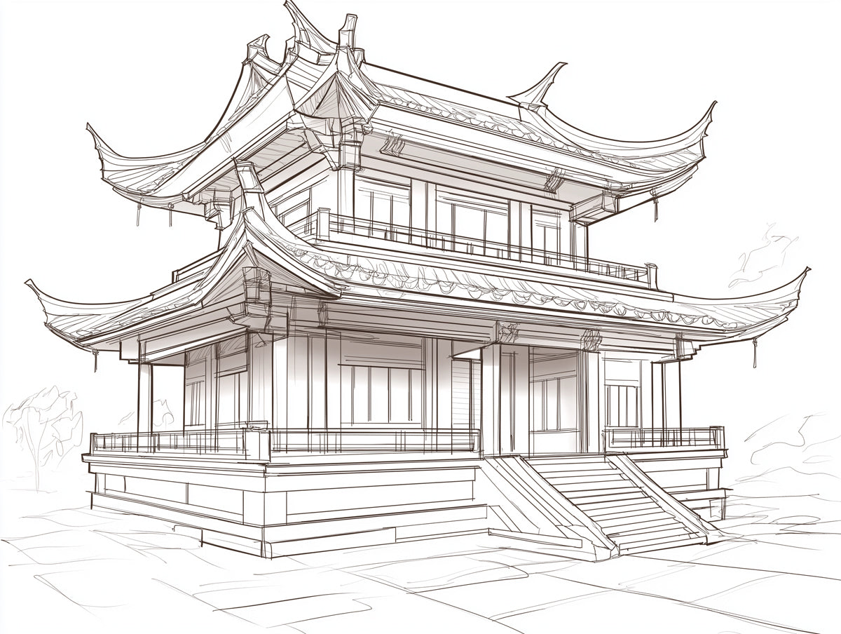 Detailed Line Art Chinese Pavilion Sketch Mural Wallpaper | Architectural Drawing