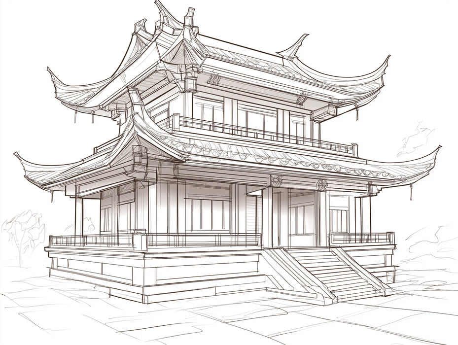 Detailed Line Art Chinese Pavilion Sketch Mural Wallpaper | Architectural Drawing