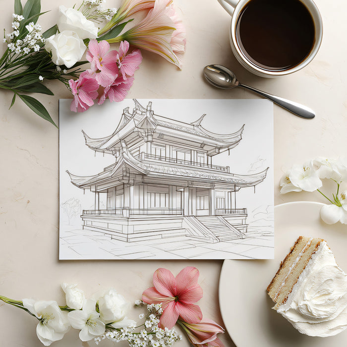 Detailed Line Art Chinese Pavilion Sketch Mural Wallpaper | Architectural Drawing
