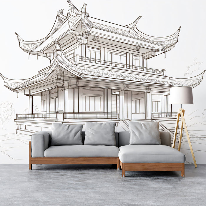 Detailed Line Art Chinese Pavilion Sketch Mural Wallpaper | Architectural Drawing
