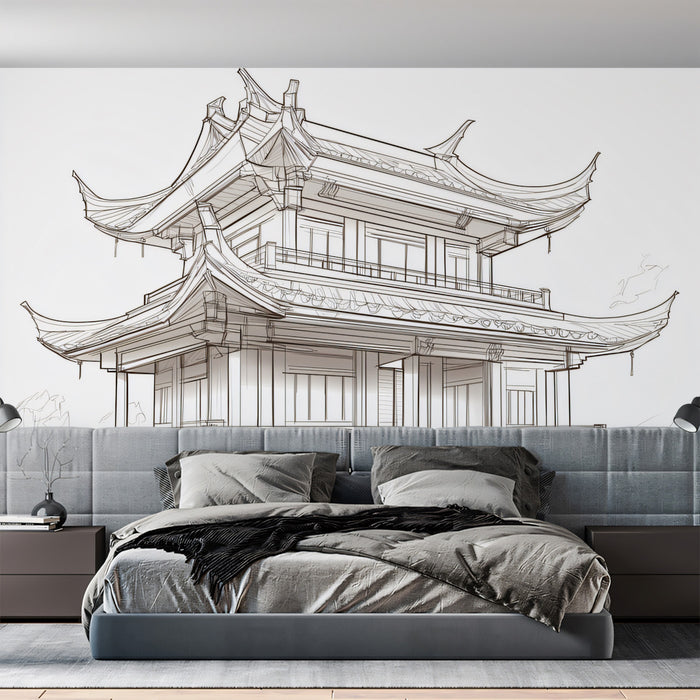 Detailed Line Art Chinese Pavilion Sketch Mural Wallpaper | Architectural Drawing