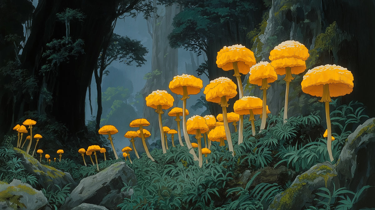 Giant Yellow Mushrooms in Dark Forest Mural Wallpaper | Fantasy Nature Art