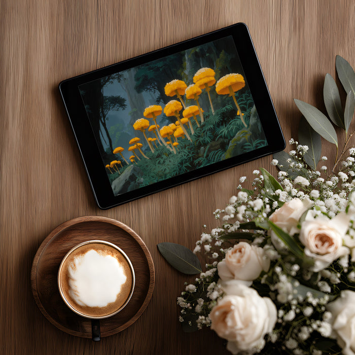 Giant Yellow Mushrooms in Dark Forest Mural Wallpaper | Fantasy Nature Art