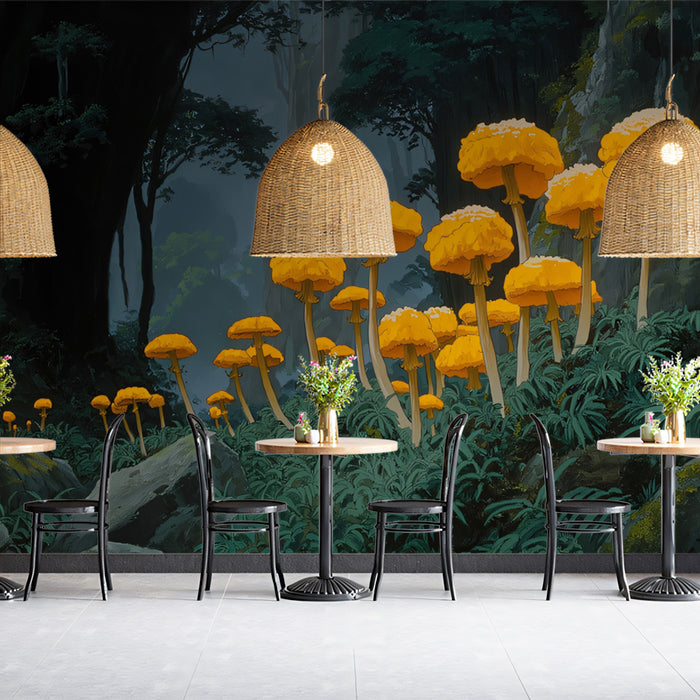 Giant Yellow Mushrooms in Dark Forest Mural Wallpaper | Fantasy Nature Art