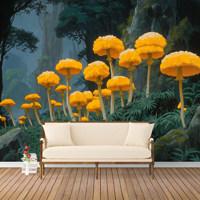 Giant Yellow Mushrooms in Dark Forest Mural Wallpaper | Fantasy Nature Art