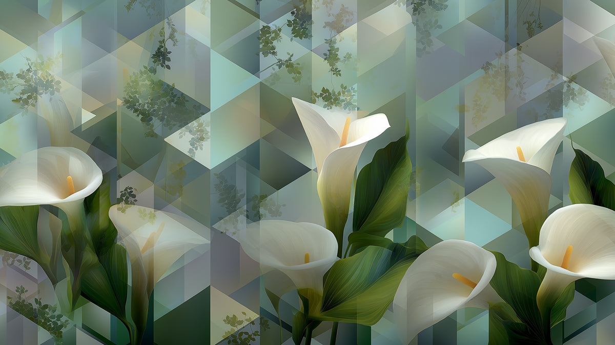 Elegant White Calla Lilies Geometric Green Mural Wallpaper | Modern Floral Art
