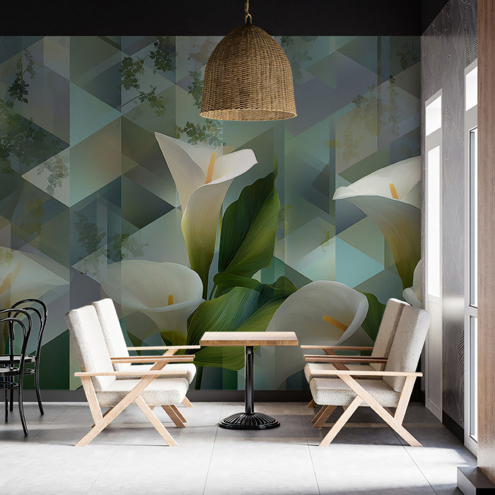 Elegant White Calla Lilies Geometric Green Mural Wallpaper | Modern Floral Art