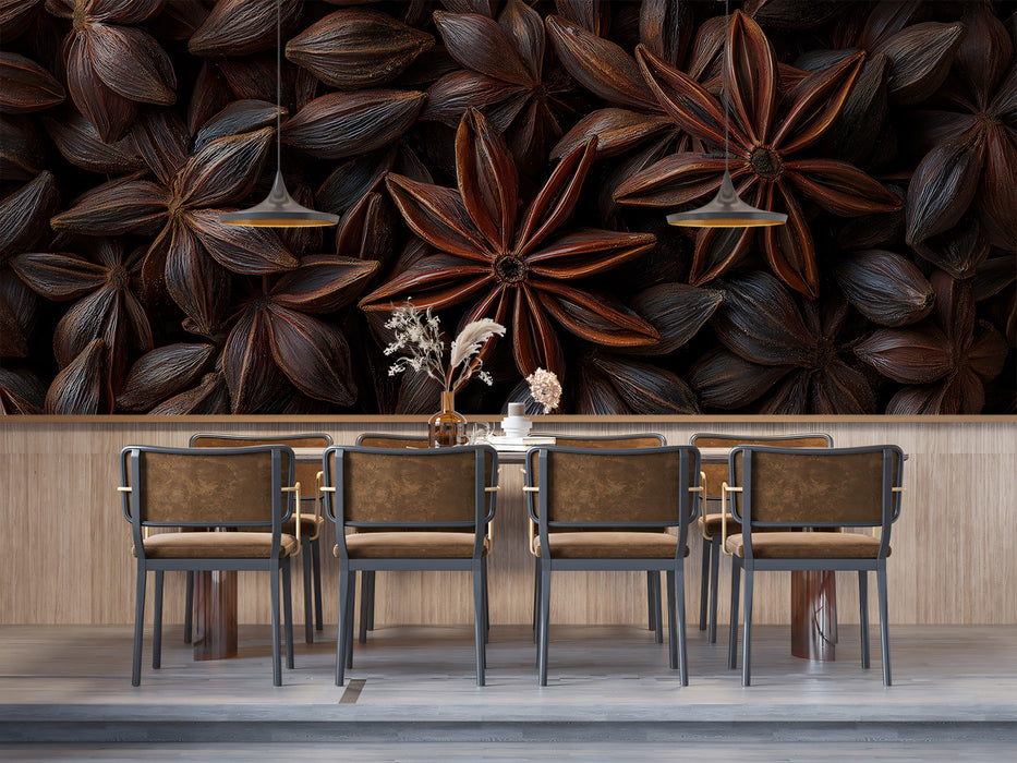 Dark Star Anise Texture Macro Photography Mural Wallpaper | Rustic Kitchen Decor
