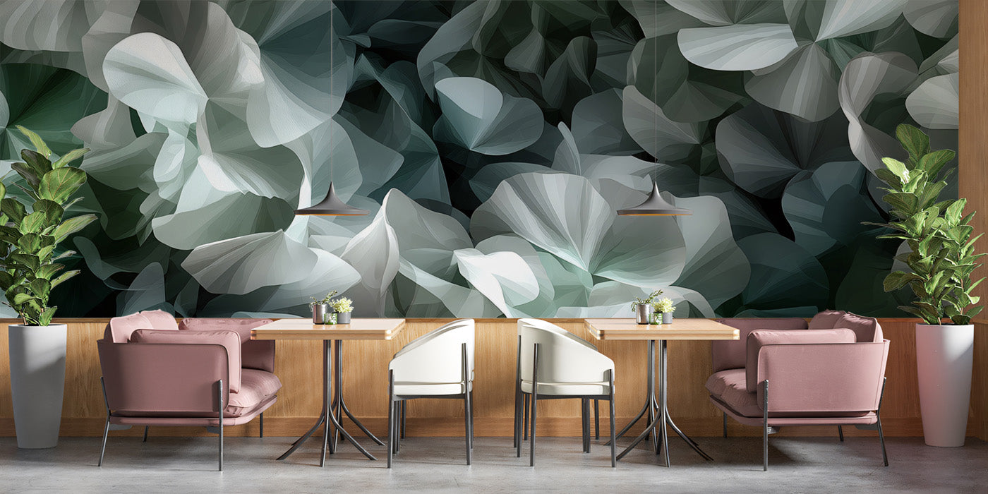 Abstract Floral Shapes Grey Green Mural Wallpaper | Contemporary Botanical Art