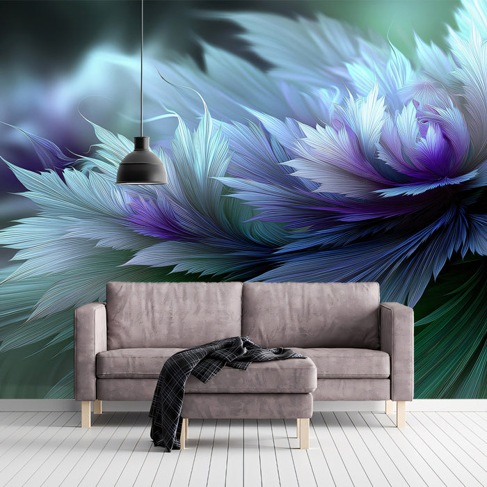 Abstract Fractal Flower Blue Green Mural Wallpaper | Digital Fantasy Art