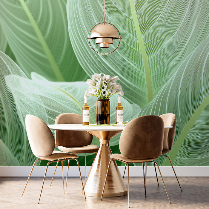 Translucent Green Leaves Macro Detail Mural Wallpaper | Modern Botanical Texture